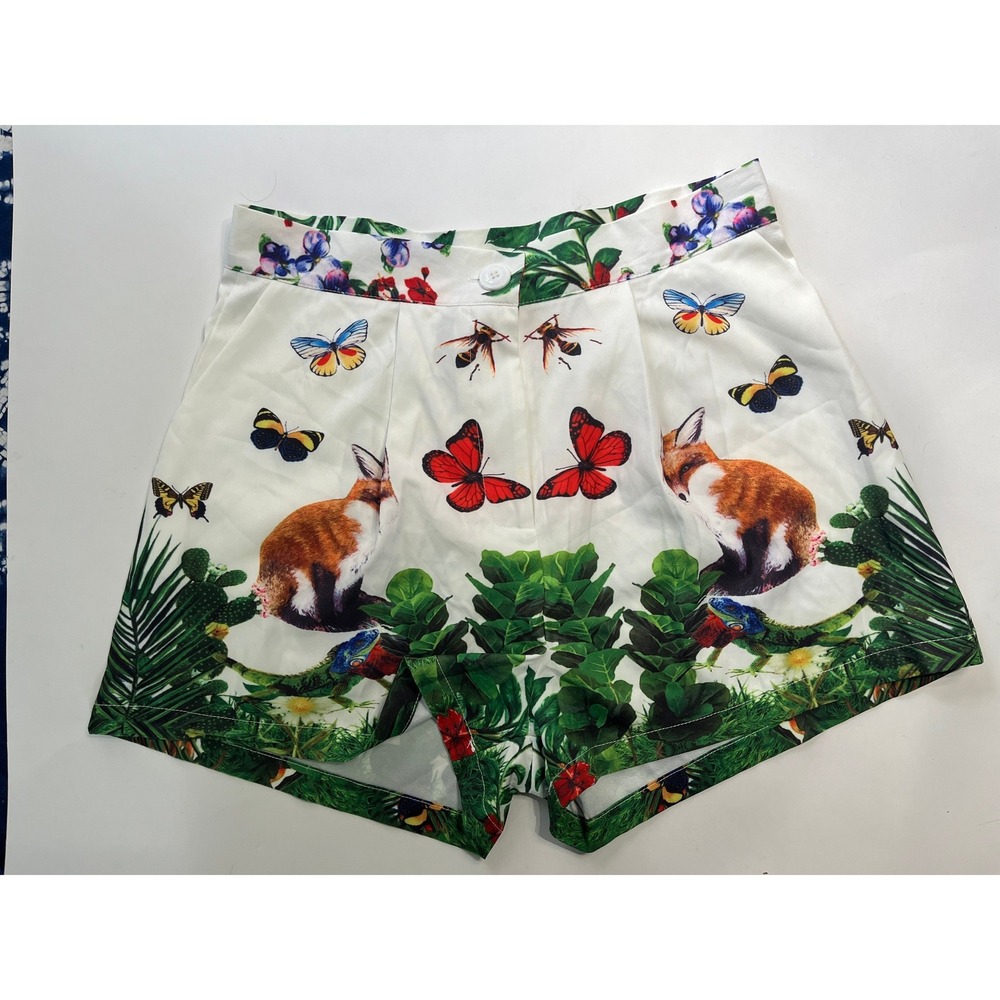High Waisted Tropical Garden Fox Peacock Butterfly Print Shorts White Green
